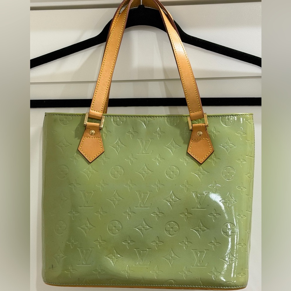 Louis Vuitton Olive Green Patent Tote with Tan Handles